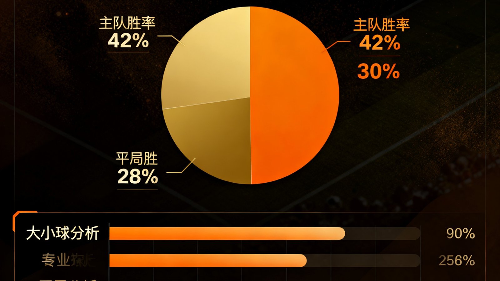 足球巴巴数据预测界面，中央显示一场即将开赛的比赛的胜平负概率分布饼图，主队胜率42%平局28%客胜30%，下方有大小球分析条形图和让球参考数值，整体使用深色背景配橙色和金色数据可视化元素。