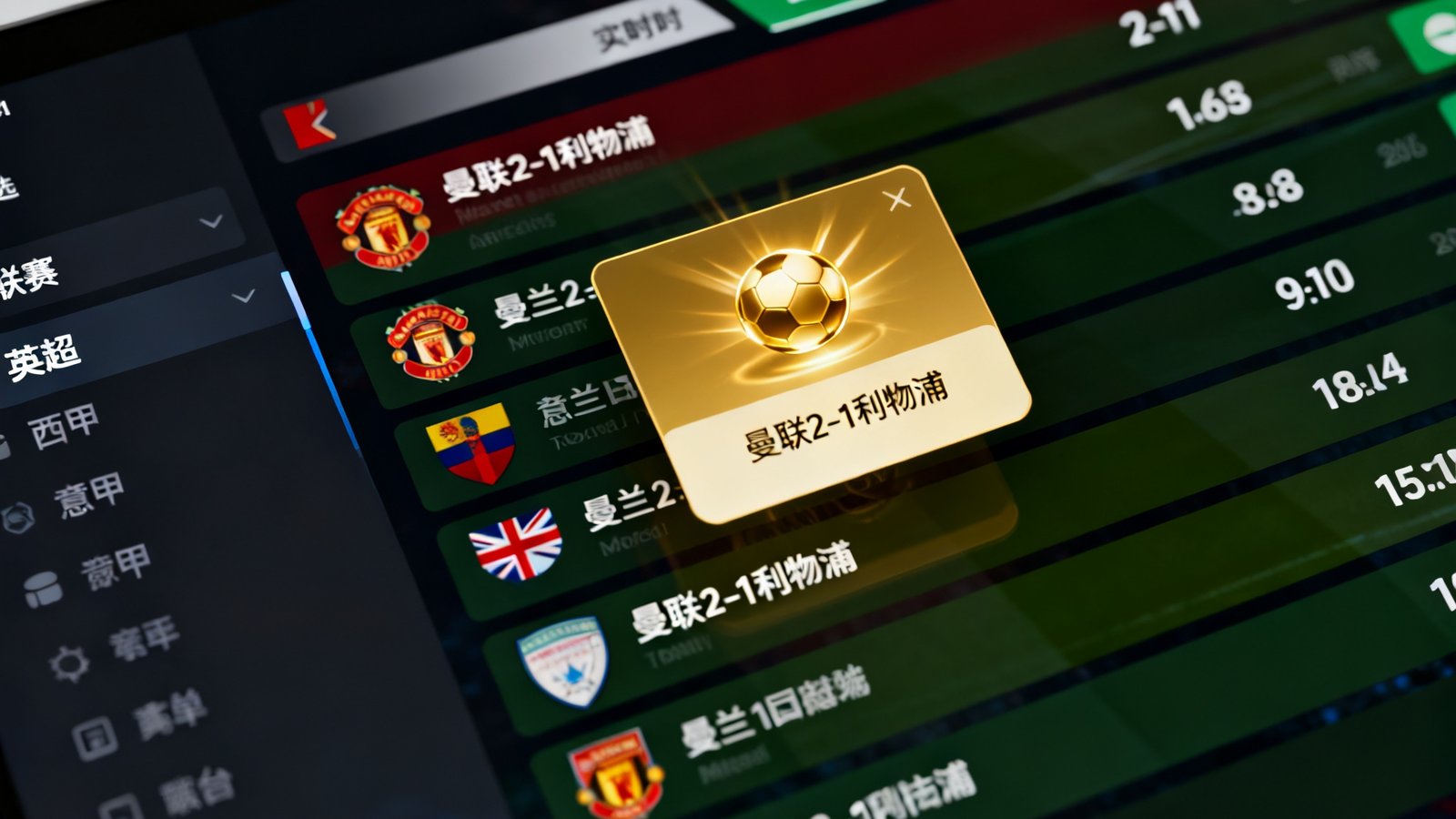 足球巴巴闪电比分界面，屏幕中央显示多条实时比分条，包括曼联对阵利物浦2比1的比分跳动，进球弹窗以金色动画弹出提示，左侧联赛筛选栏列出了英超、西甲、意甲等选项，整体设计简洁高效适合快速浏览。